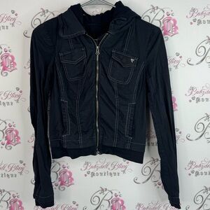 Guess jacket hood zip up logo pockets cargo Black Utility Jacket for Women